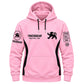 Tricogear TRI 30 pink black BJJ hoodie front view with lion logo and Train Roll Win graphics