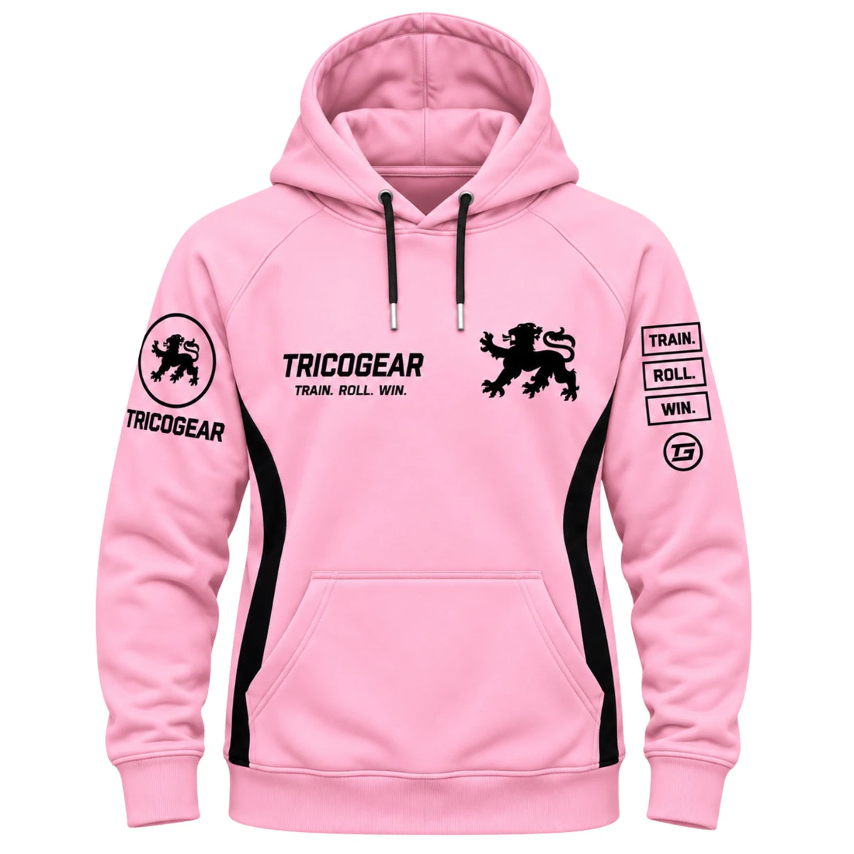 Tricogear TRI 30 pink black BJJ hoodie front view with lion logo and Train Roll Win graphics