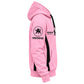 Tricogear TRI 30 pink black BJJ hoodie side view showing Tricogear lion logo and sleeve branding