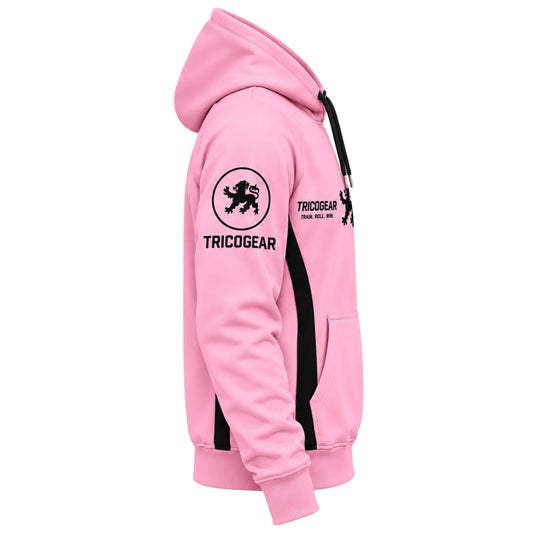 Tricogear TRI 30 pink black BJJ hoodie side view showing Tricogear lion logo and sleeve branding