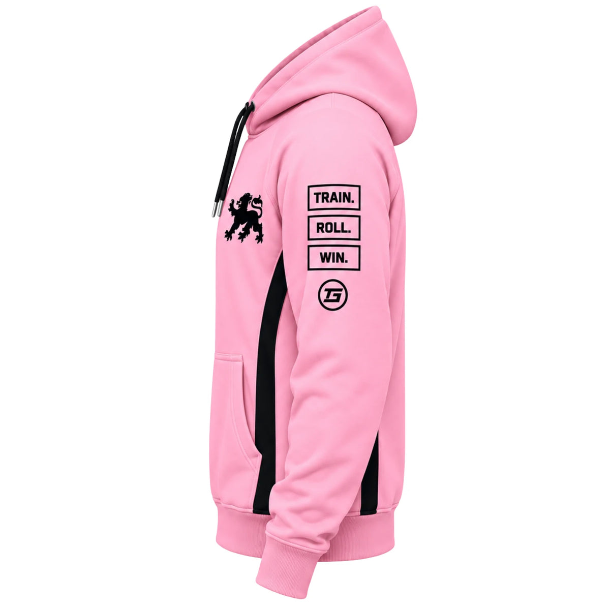 Tricogear TRI 30 pink black BJJ hoodie side view with black panel detailing and sleeve graphics