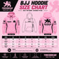 Tricogear TRI 30 pink black BJJ hoodie size chart with chest and length measurements