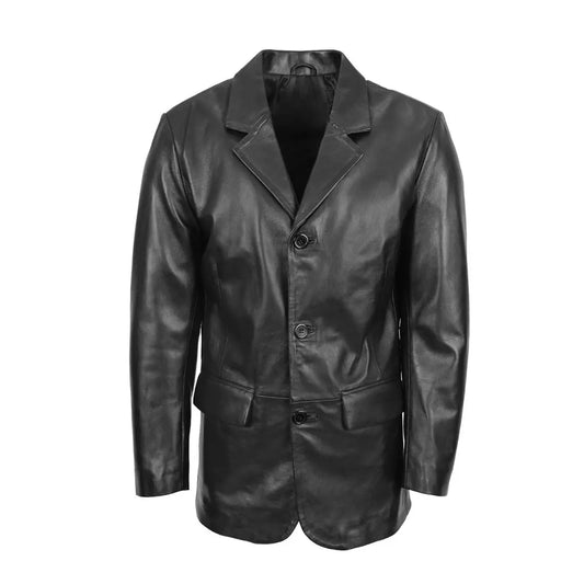 Front view of Urban Tailor men's classic three-button genuine black leather blazer jacket featuring a notch lapel and front flap pockets