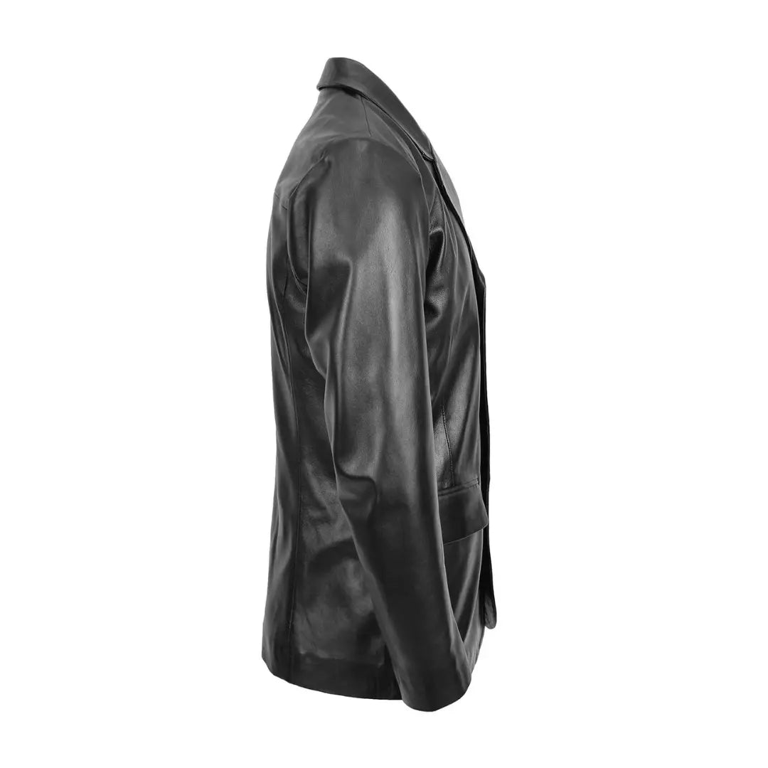 Side profile view of Urban Tailor structured men's black leather blazer jacket showcasing the sleeve alignment and tailored hip length