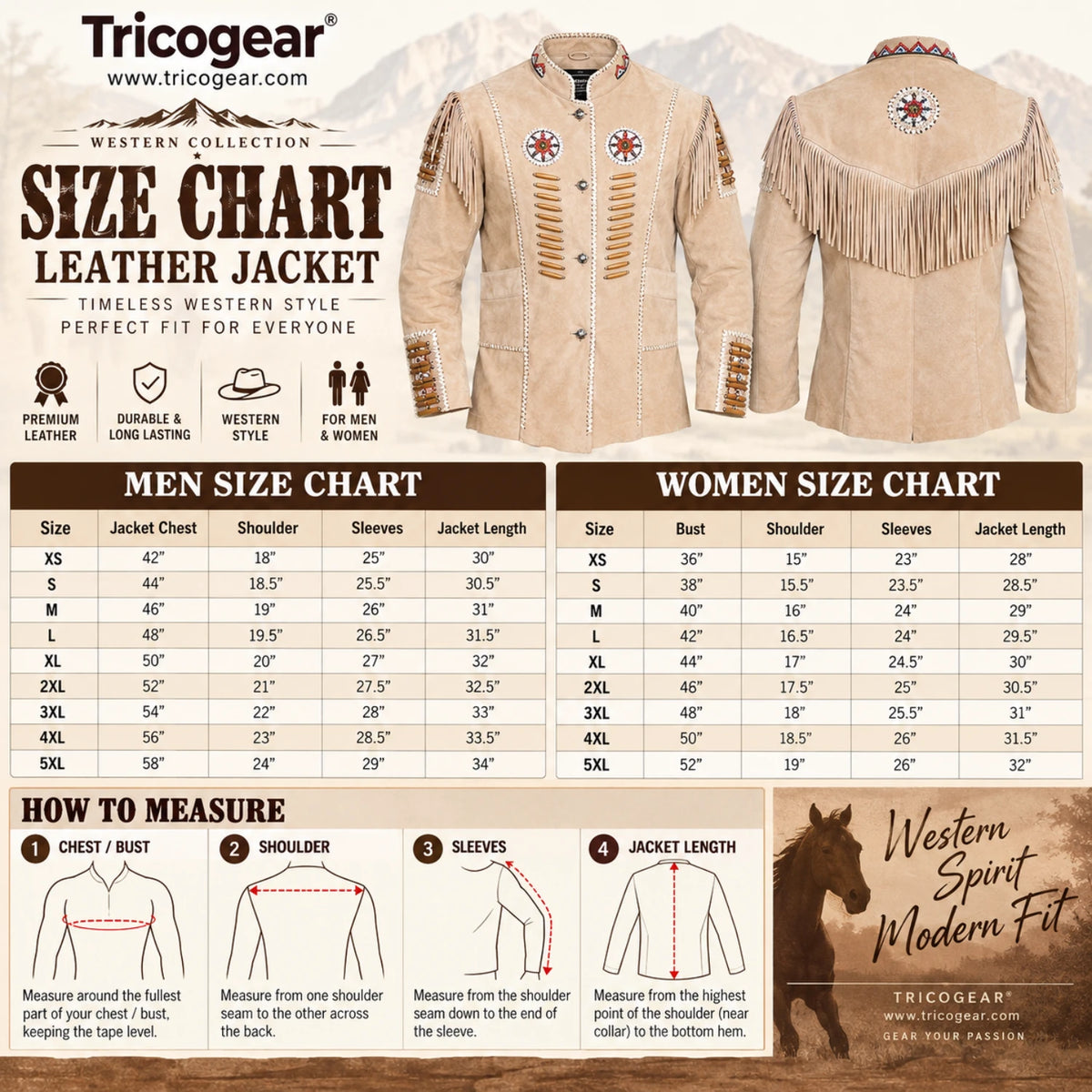 Tricogear Western leather jacket size chart for men and women with front and back jacket views and measurement guide