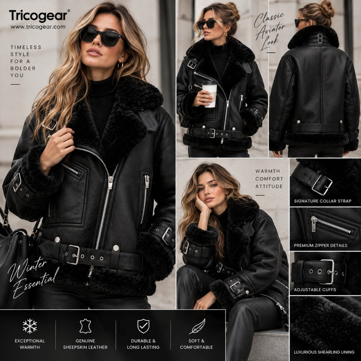 Tricogear women’s black B3 aviator shearling leather jacket with fur collar and adjustable cuffs
