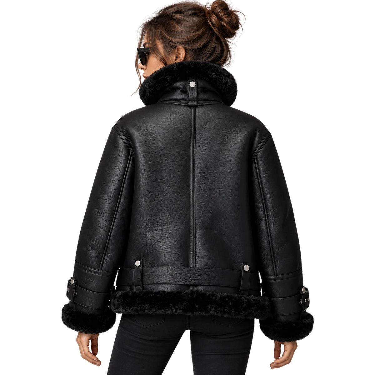 Back view of women’s black B3 RAF aviator sheepskin shearling leather jacket