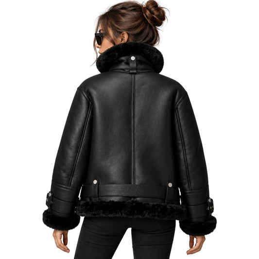 Back view of women’s black B3 RAF aviator sheepskin shearling leather jacket