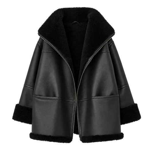 Women’s black B3 RAF aviator sheepskin shearling leather jacket front view