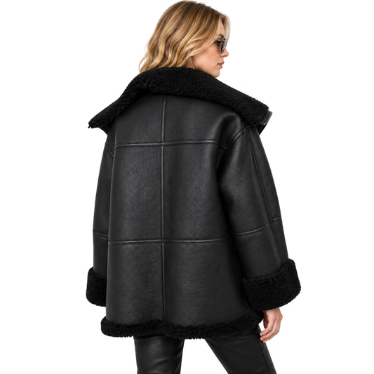 Women’s black B3 RAF aviator shearling leather jacket back view on female model