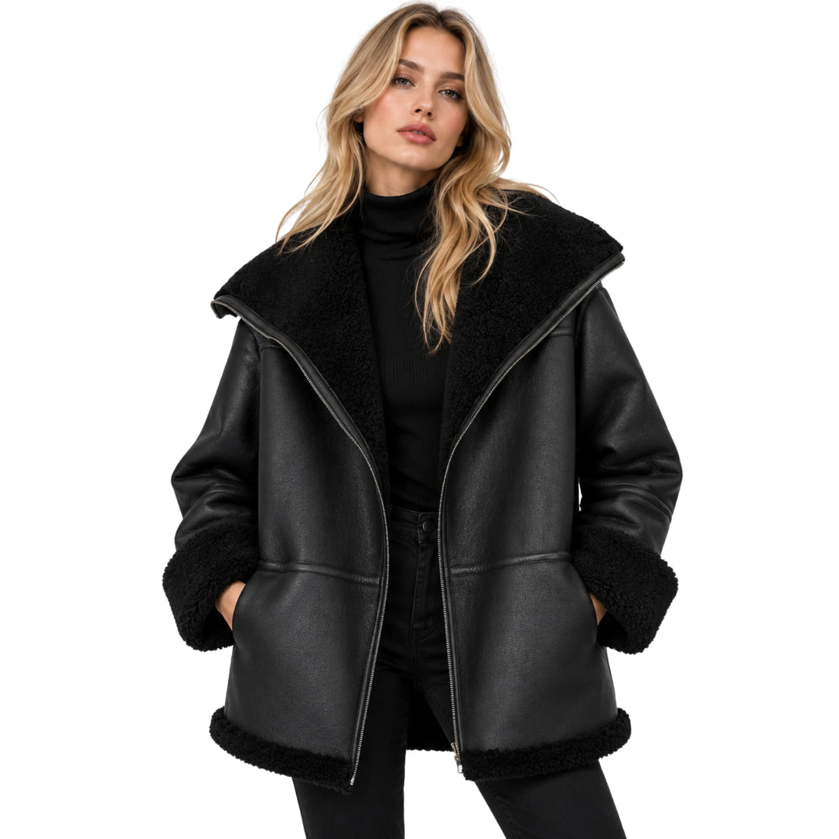 Women’s black B3 RAF aviator sheepskin shearling leather jacket worn by a female model