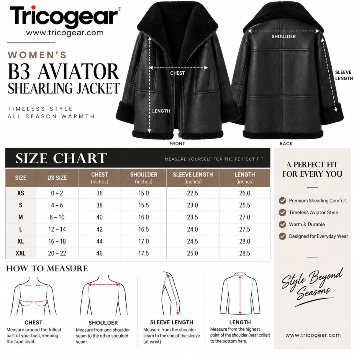 Women’s black B3 RAF aviator sheepskin shearling leather jacket size chart and measurement guide