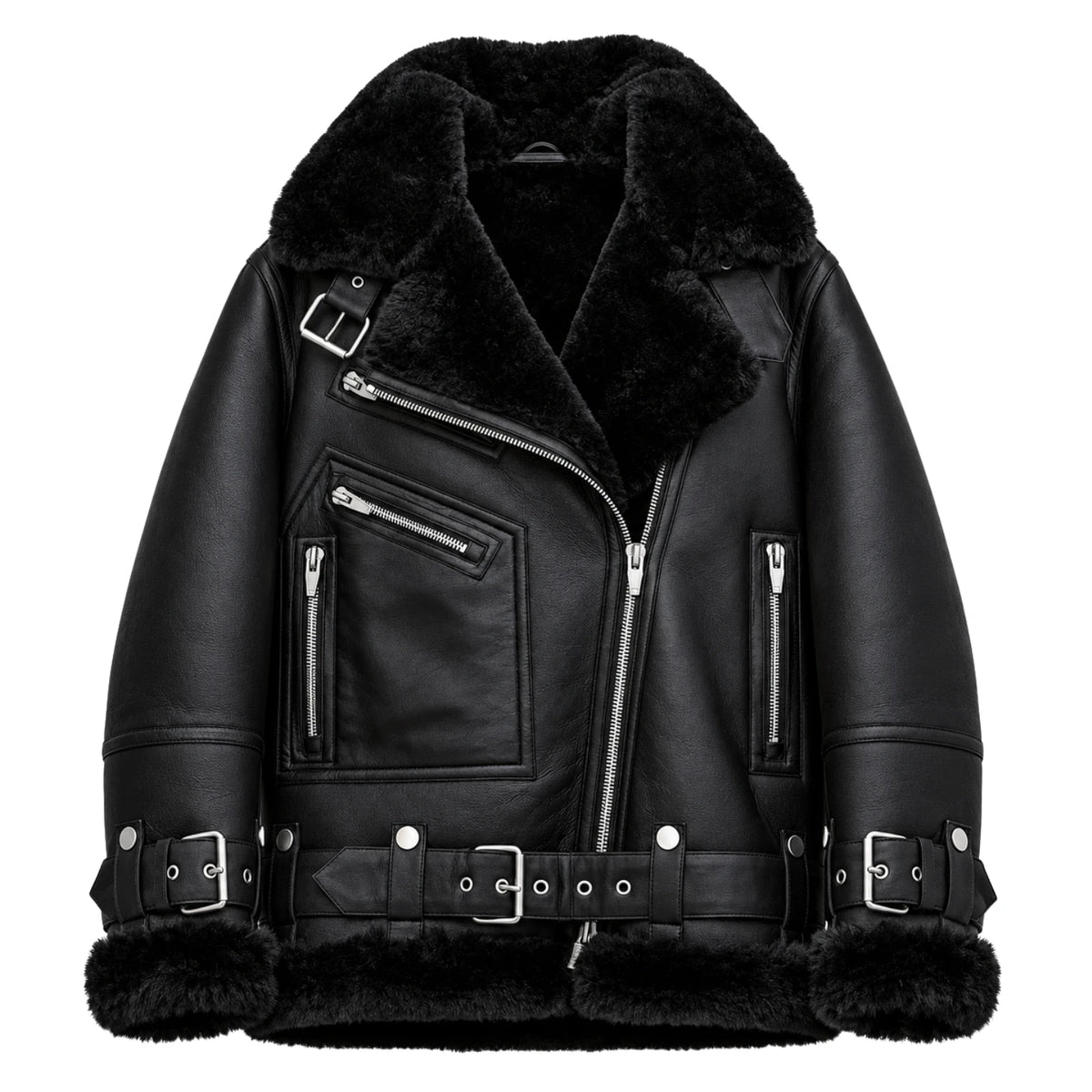 Women’s black B3 RAF aviator sheepskin shearling leather jacket front view