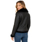 Women's black B3 sheepskin leather jacket with detachable hood shown from the back angled view with quilted waist panel and plush shearling trim.