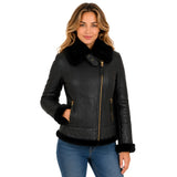 Women's black B3 sheepskin leather jacket with detachable hood, front view featuring soft shearling collar, gold zip fastening and quilted hem.