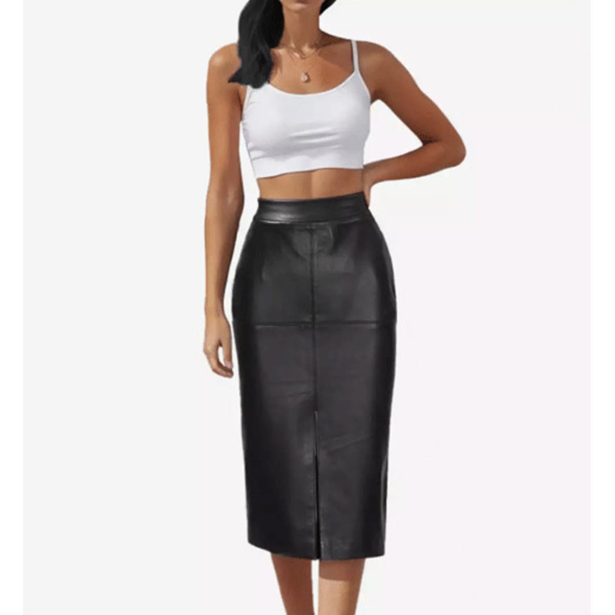 Front view of a women's black knee-length leather pencil skirt featuring a high-waisted fit, center seam detailing, and a subtle front walking slit