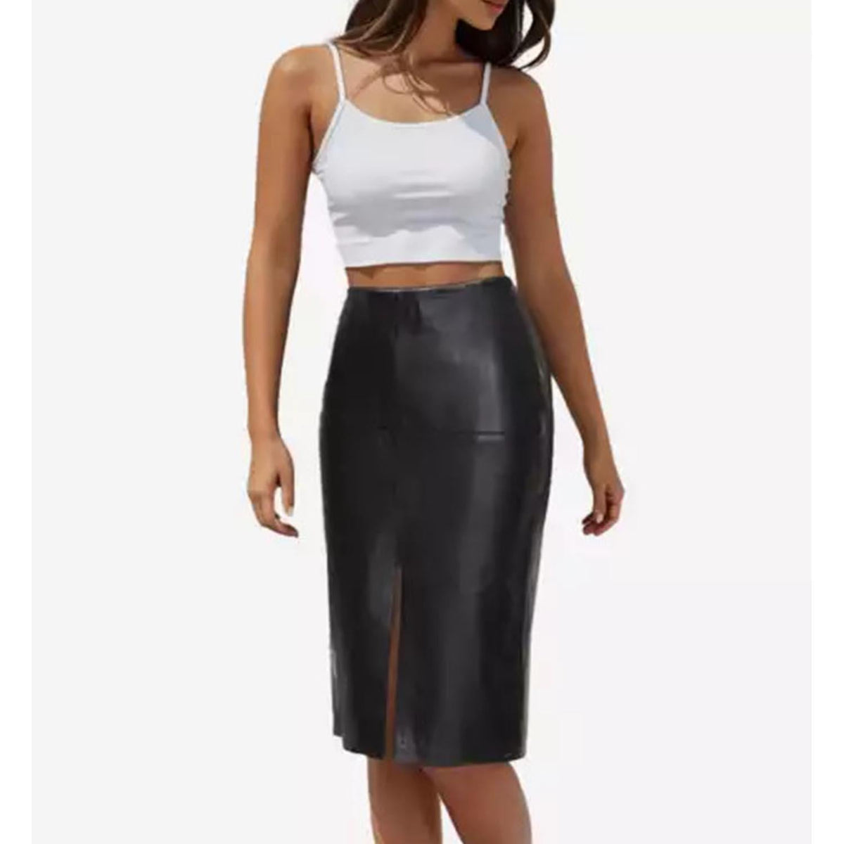 Angled shot of a high-waisted black genuine leather knee-length pencil skirt showcasing the tailored fit and front vent slit dynamic