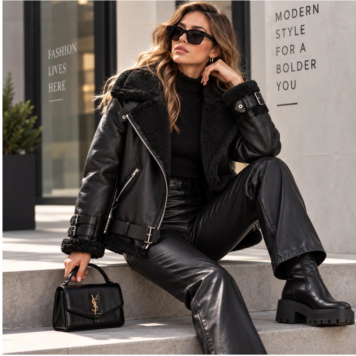 Women’s Black RAF B3 Sheepskin Shearling Leather Biker Jacket on Female Model