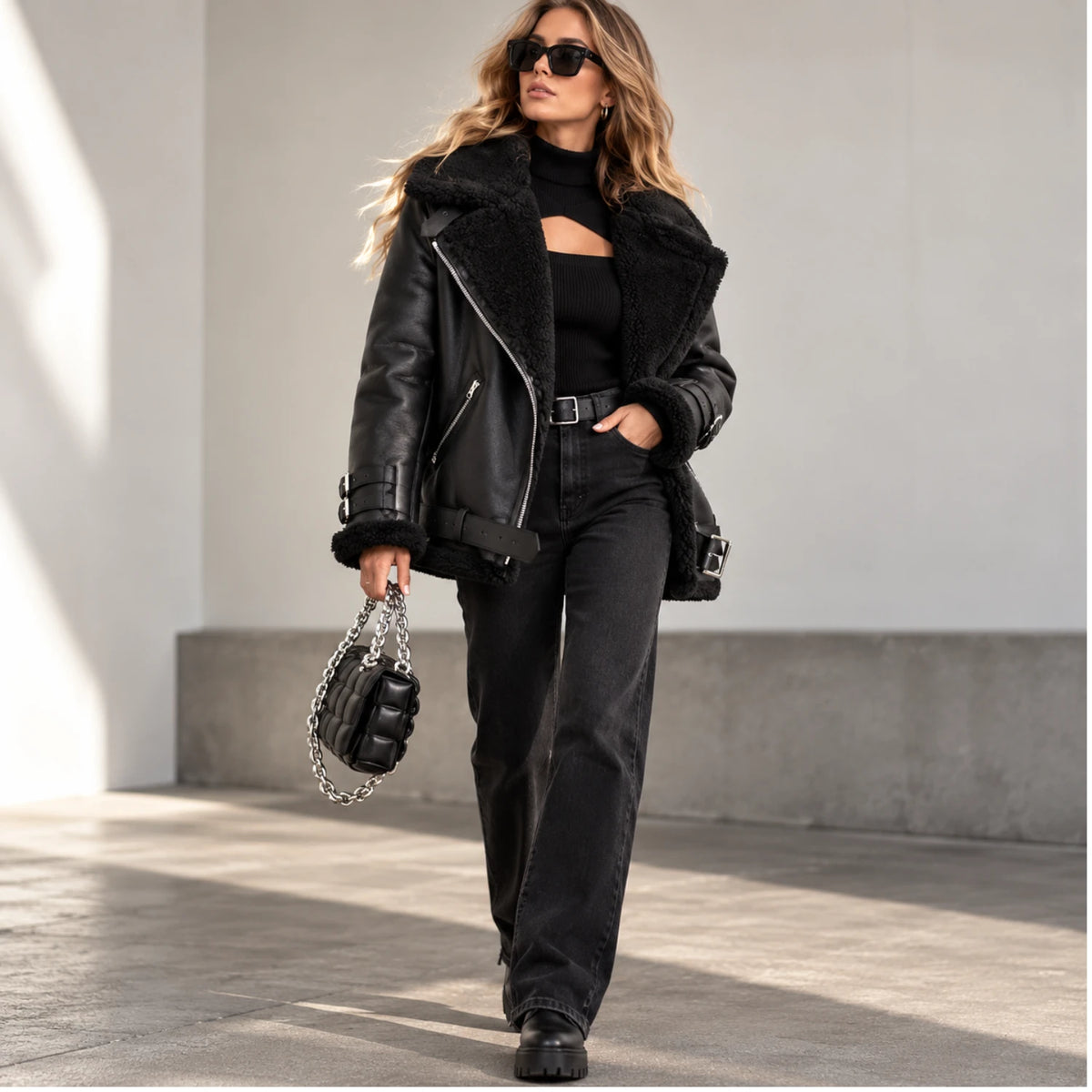 Women’s Black RAF B3 Sheepskin Shearling Leather Biker Jacket Walking Style
