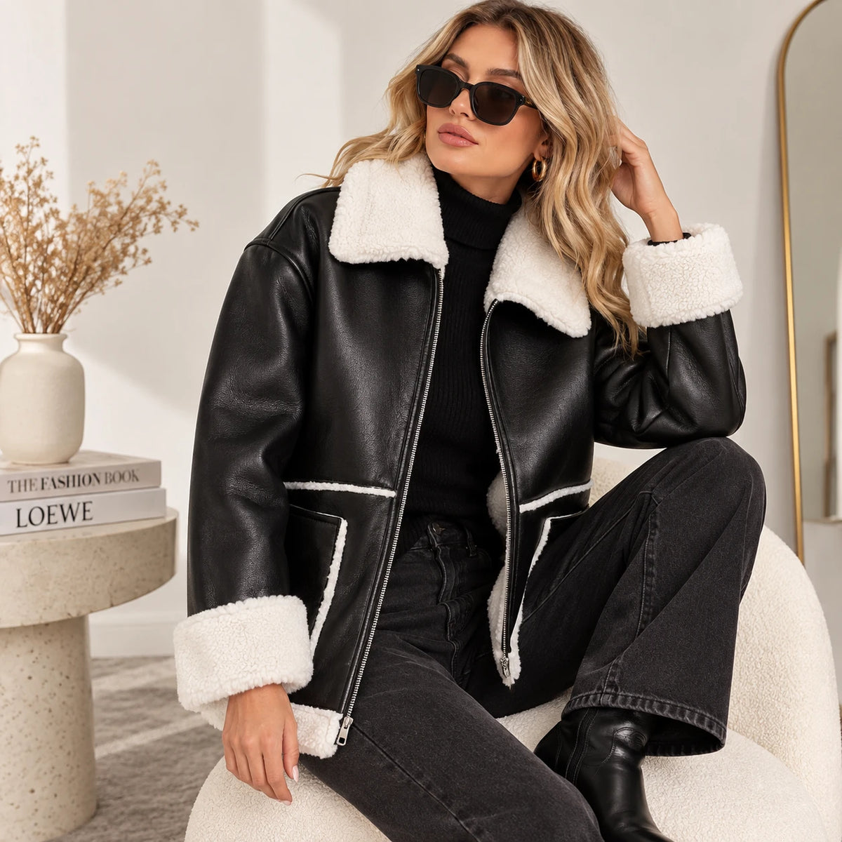 Women’s Brown B3 RAF Aviator Shearling Leather Jacket Lifestyle Fashion Model