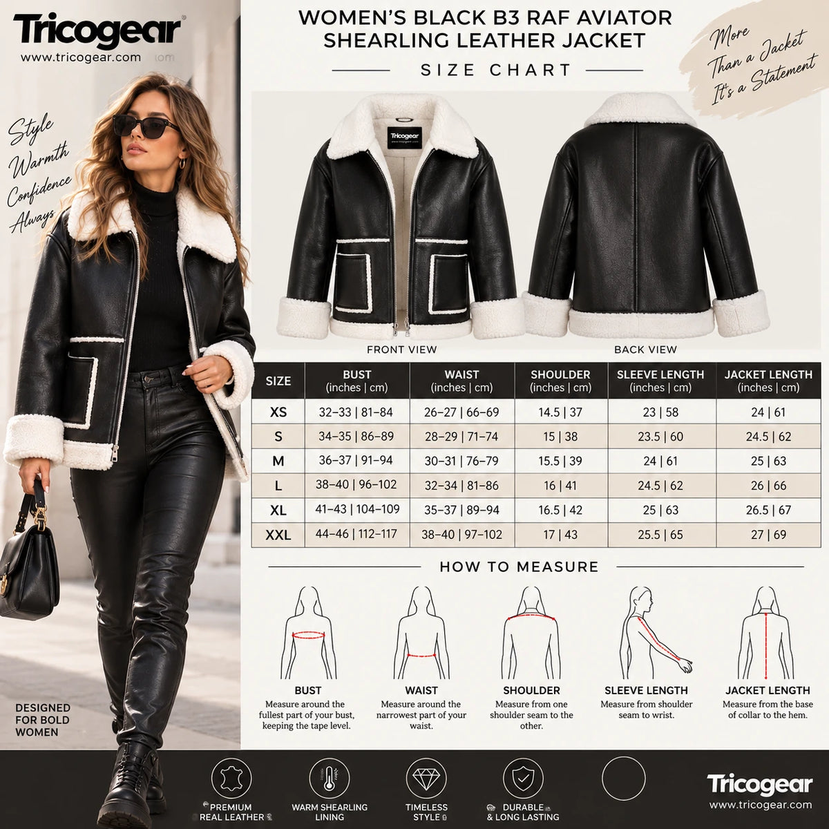 Women’s Brown B3 RAF Aviator Shearling Leather Jacket Size Chart