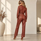 Women’s brown genuine leather belted jumpsuit back view