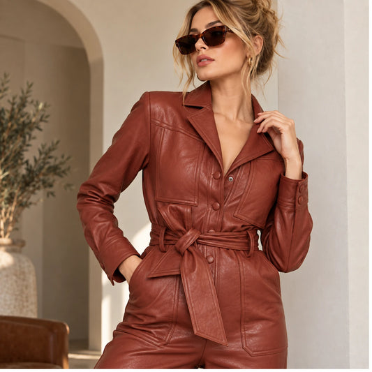 Women’s brown leather jumpsuit with collared neckline and belt
