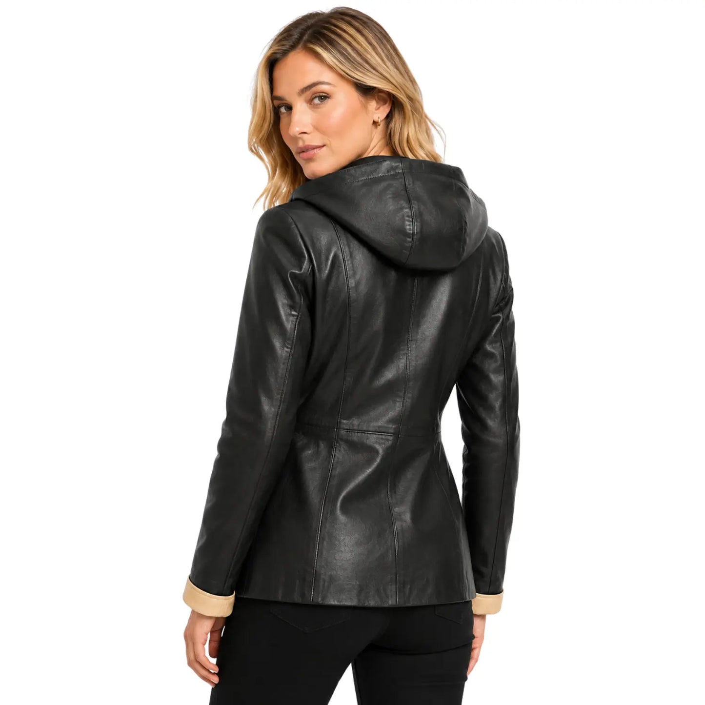 Women’s Carolina black and beige genuine leather hooded jacket back view