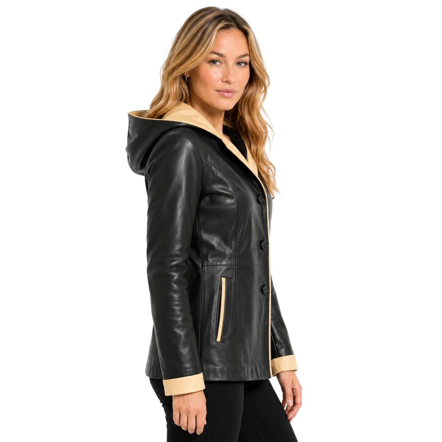 Women’s Carolina genuine leather hooded button jacket in black and beige side angle