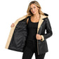 Women’s Carolina black and beige leather hooded jacket open view showing interior lining