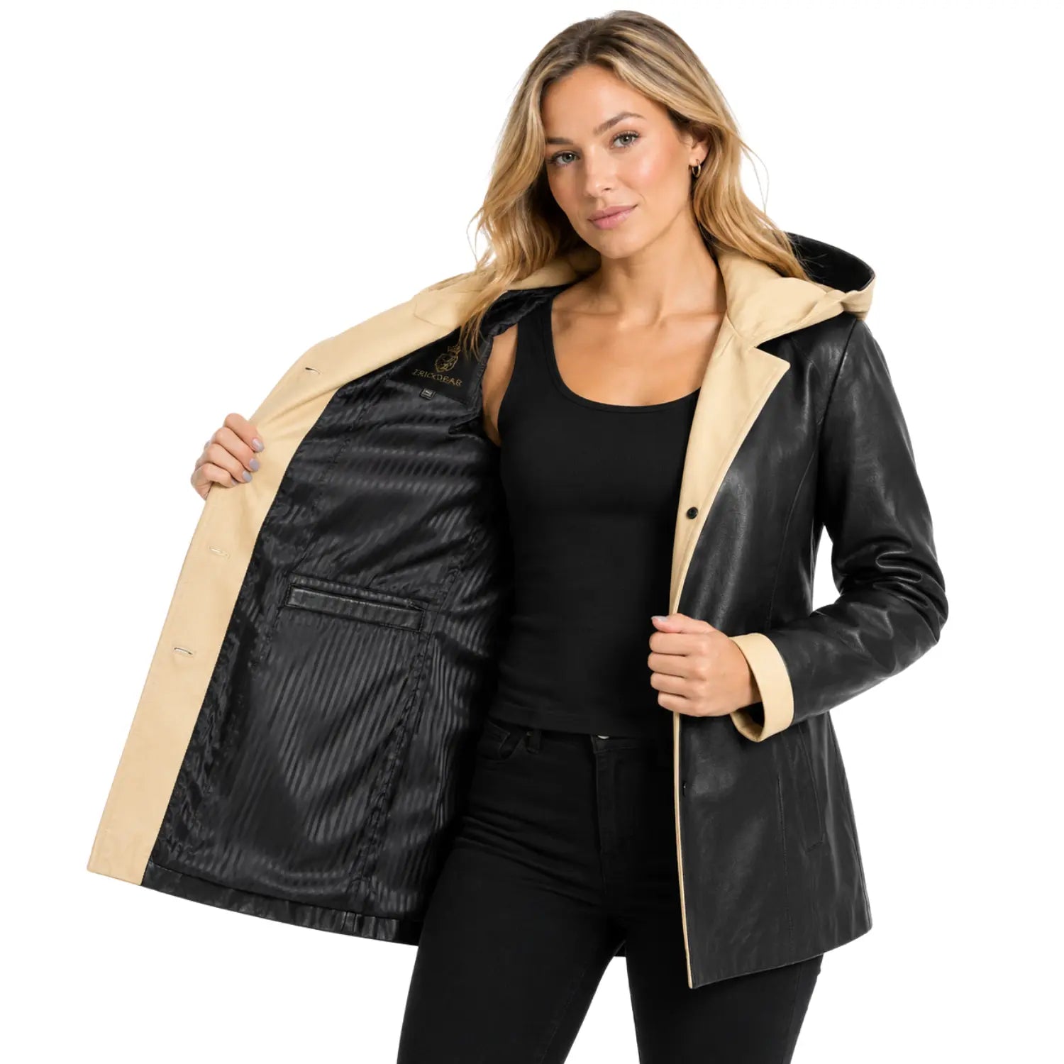 Women’s Carolina black and beige leather hooded jacket open view showing interior lining