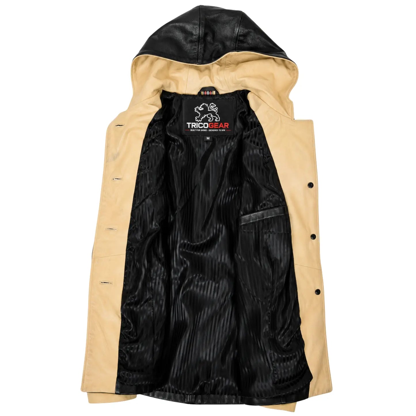 Women’s Carolina black and beige leather hooded jacket interior lining and TricoGear label