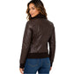 Women's Classic Leather Bomber Jacket in Motto Brown back view with ribbed hem and collar