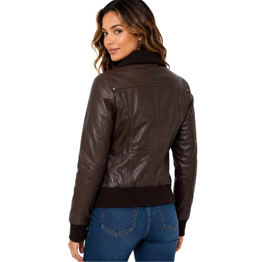 Women's Classic Leather Bomber Jacket in Motto Brown back view with ribbed hem and collar