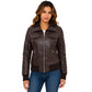 Women's Classic Leather Bomber Jacket in Motto Brown front view with ribbed collar and zip closure