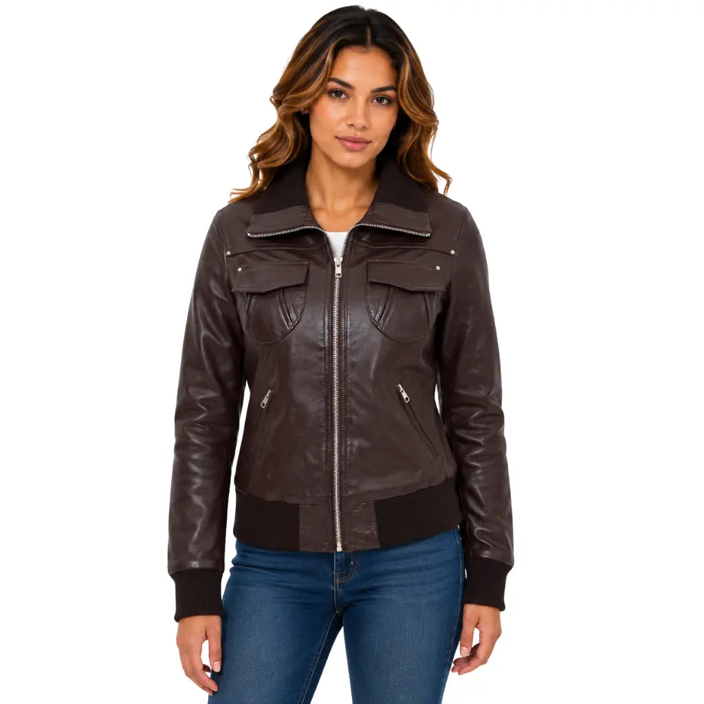 Women's Classic Leather Bomber Jacket in Motto Brown front view with ribbed collar and zip closure
