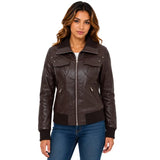 Women's Classic Leather Bomber Jacket in Motto Brown front view with ribbed collar and zip closure
