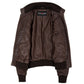 Women's Classic Leather Bomber Jacket in Motto Brown interior view with smooth polyester lining and TricoGear label