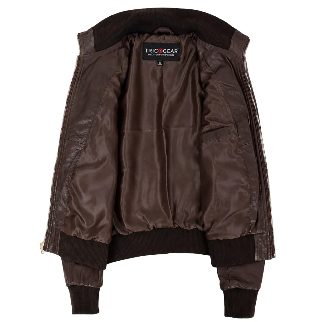 Women's Classic Leather Bomber Jacket in Motto Brown interior view with smooth polyester lining and TricoGear label
