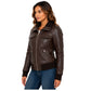 Women's Classic Leather Bomber Jacket in Motto Brown left angle view showcasing premium leather finish