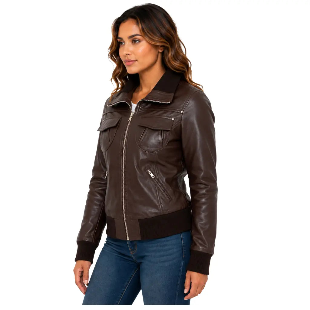 Women's Classic Leather Bomber Jacket in Motto Brown left angle view showcasing premium leather finish