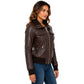 Women's Classic Leather Bomber Jacket in Motto Brown right angle view highlighting front pockets