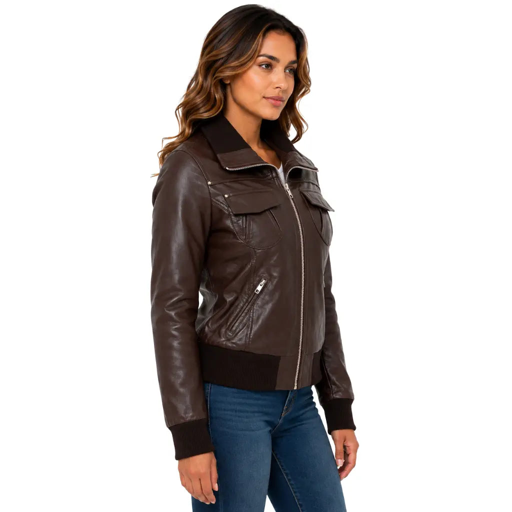 Women's Classic Leather Bomber Jacket in Motto Brown right angle view highlighting front pockets