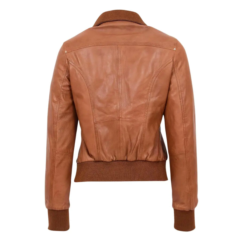 Side View of Women's Classic Tan Genuine Leather Bomber Jacket with Ribbed Cuffs and Waistband
