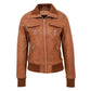 Women's Classic Tan Genuine Leather Bomber Jacket Front View with Ribbed Collar and Zip Closure