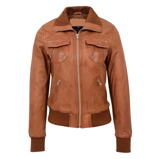 Women's Classic Tan Genuine Leather Bomber Jacket Front View with Ribbed Collar and Zip Closure