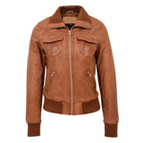 Women's Classic Tan Genuine Leather Bomber Jacket Front View with Ribbed Collar and Zip Closure
