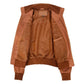 Interior view of Women's Classic Tan Genuine Leather Bomber Jacket featuring a soft polyester lining and inner storage pocket.