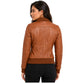 Back view of Women's Classic Tan Genuine Leather Bomber Jacket Motto featuring rib knit waistband and tailored fit