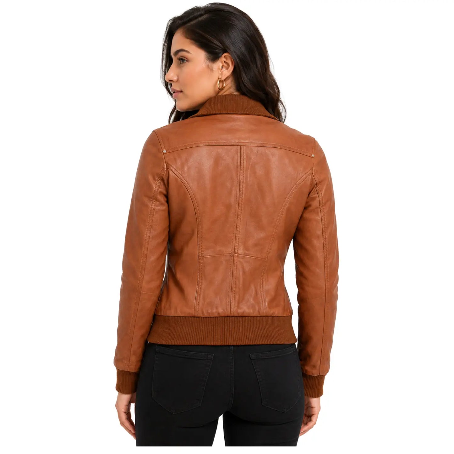 Back view of Women's Classic Tan Genuine Leather Bomber Jacket Motto featuring rib knit waistband and tailored fit